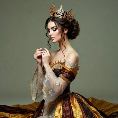 Elegant Woman in Gold Crown and Gown