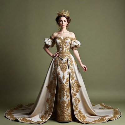Woman in gold Victorian gown with crown