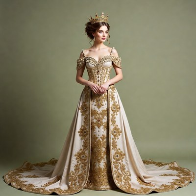 Woman in gold royal gown and crown