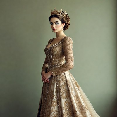 Elegant woman in golden queen gown