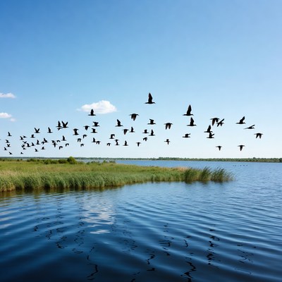 Flock of Birds Flying over Lake