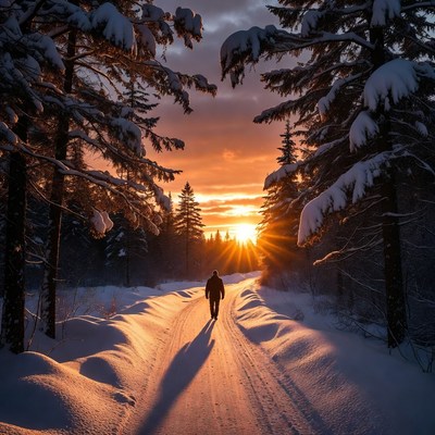 Man walking snowy path at sunset