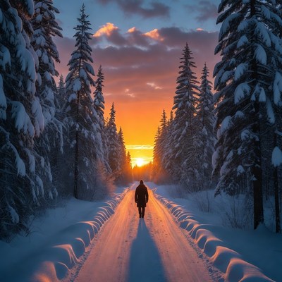 Man walking snowy path at sunset