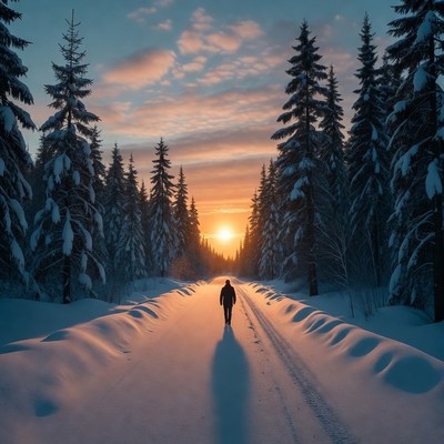 Man walking snowy path at sunset