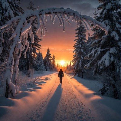 Man walking snowy path at sunset