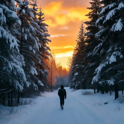 Man walking snowy path at sunset