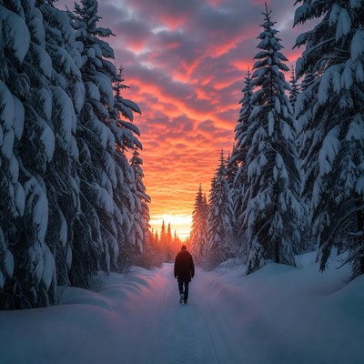 Man walking snowy path at sunset