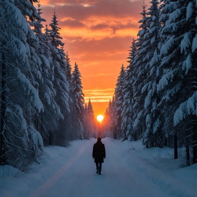 Person walking snowy path at sunset