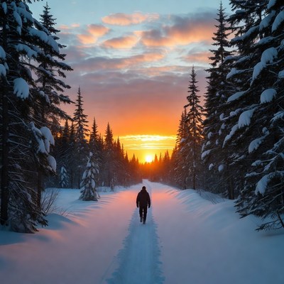 Man walking snowy path at sunset