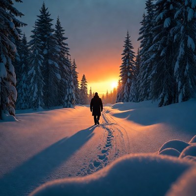 Man walking snowy path at sunset
