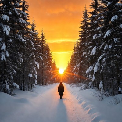 Person walking snowy path at sunset