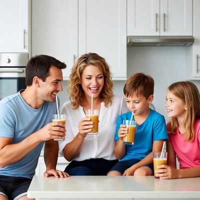 Family drinking orange juice in kitchen