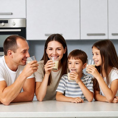 Family drinking milk in kitchen