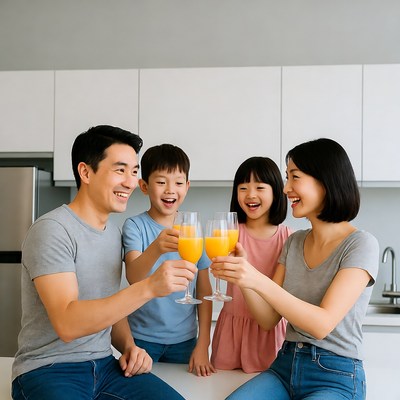 Asian family toasting orange juice glasses