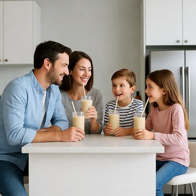 Family drinking smoothies in kitchen