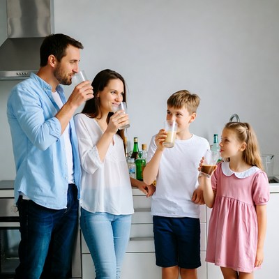 Family drinking milkshakes in kitchen