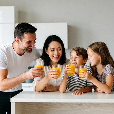 Family holding orange juice glasses