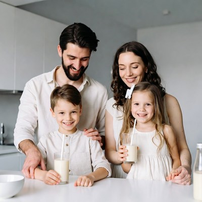 Family drinking milk in kitchen