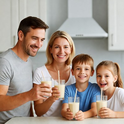 Family drinking milkshakes in kitchen