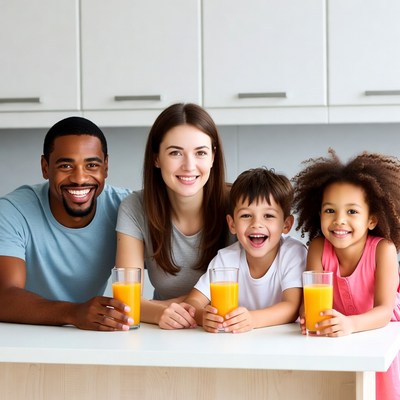 Happy multiracial family drinking orange juice