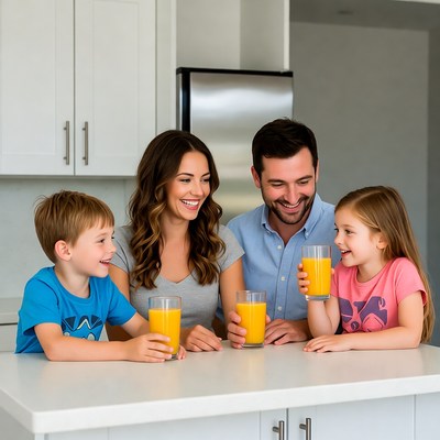 Family drinking orange juice in kitchen