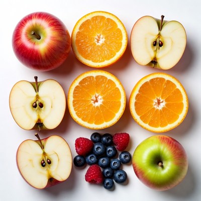 Sliced Apples Oranges Berries White Background