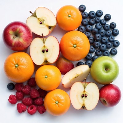 Fresh apples oranges blueberries raspberries