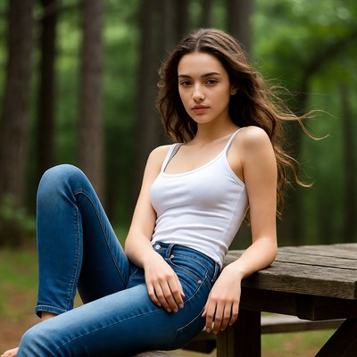 Young woman sitting on picnic table in forest