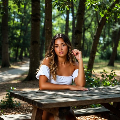 Young woman on picnic table in forest