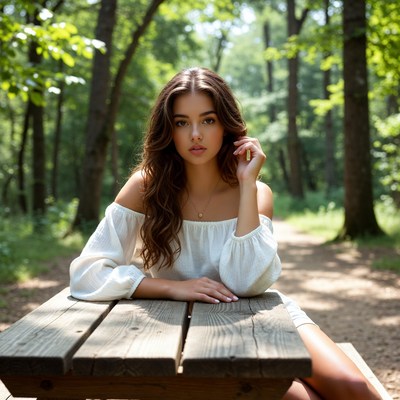 Young woman sitting at forest picnic table