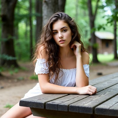 Young woman in white dress on forest picnic table