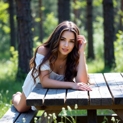 Woman lounging on picnic table in forest