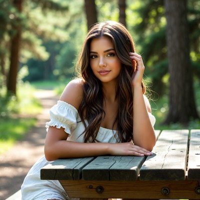 Young woman on picnic table in forest