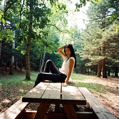 Woman sitting on picnic table in forest