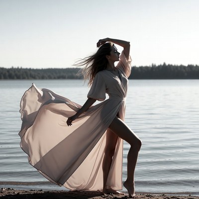 Woman in flowing dress by lake