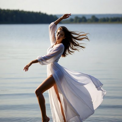Woman dancing in white dress by lake