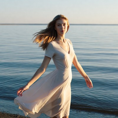 Woman in flowing dress by lake