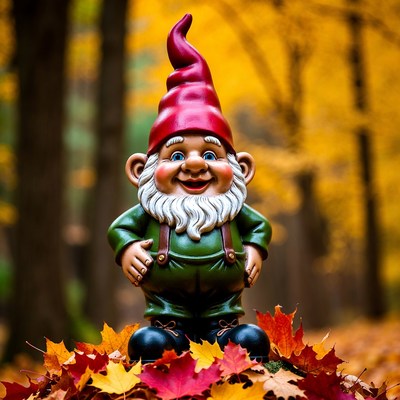 Smiling garden gnome on autumn leaves