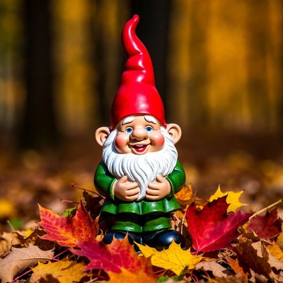 Garden Gnome in Autumn Forest Leaves