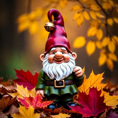 Smiling gnome in autumn leaves