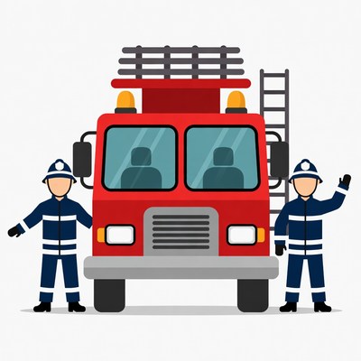 Two firefighters waving beside fire truck