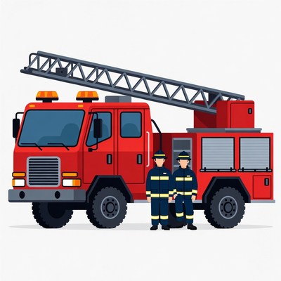 Two firefighters standing by fire truck