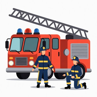 Cartoon Firefighters with Fire Truck
