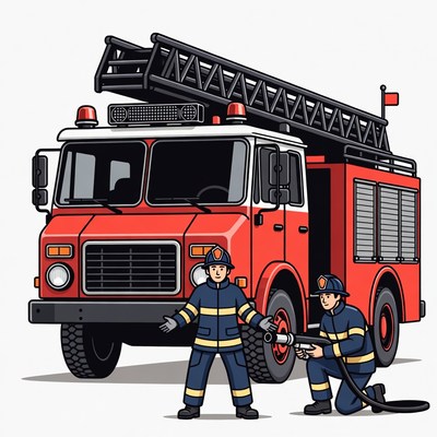 Two Firefighters with Fire Truck