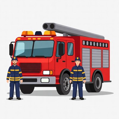 Two firefighters standing by fire truck