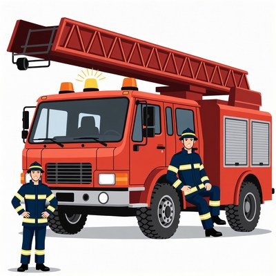 Cartoon Firefighters with Fire Truck