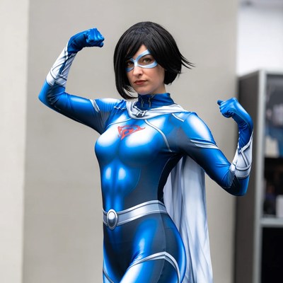 Woman in Blue Superhero Costume Flexing Muscles