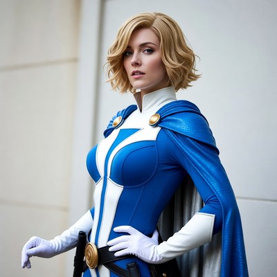 Blonde woman in blue superhero cosplay