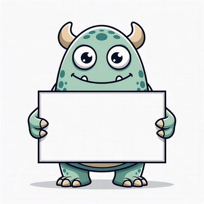 Cute green monster holding blank sign
