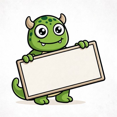 Cute green monster holding blank sign